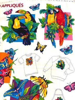 Applique Fabric Panel DIY Sew Craft Tropical Island Bird Fish Butterfly Vintage
